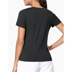 FOXA T-shirt de sport pour femme à col en V, manches courtes, ajusté, séchage rapide, pour yoga, couleur unie - Product Image 3
