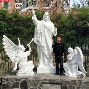 YOUFINE Statue de Jésus-Christ en marbre blanc sculptée à la main avec deux sculptures d'anges, statue religieuse de groupe pour église et jardin - Product Image 3