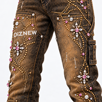 DiZNEW Jeans personnalisés pour hommes, style streetwear, à motif étoile, cloutés, délavés, ornés de cristaux, coupe slim, effet empilé, usine BSCI