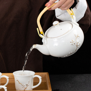 Japanese Tea <b>Set</b> Plum Blossom Embossed <b>Teapot</b> and Cups White Ceramic Tea <b>Set</b> with Tray - Product Image 3