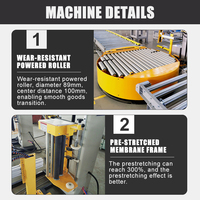 Machine d'emballage de cartons en ligne entièrement automatique avec plateau tournant à rouleaux et pré-étirage de film à 300 % avec découpe