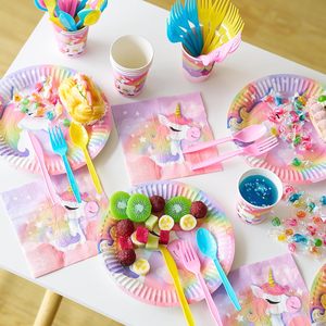 Fournitures de fête d'anniversaire rose licorne DAMAI avec bannière pour filles, ensemble de vaisselle jetable avec assiettes, gobelets, serviettes et couverts pour enfants - Product Image 6