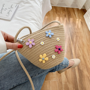 <b>Straw</b> Woven Bucket <b>Bag</b> Women's Bohemian Summer Shoulder Crossbody With Flower Embellishments Everyday Outfits - Product Image 1