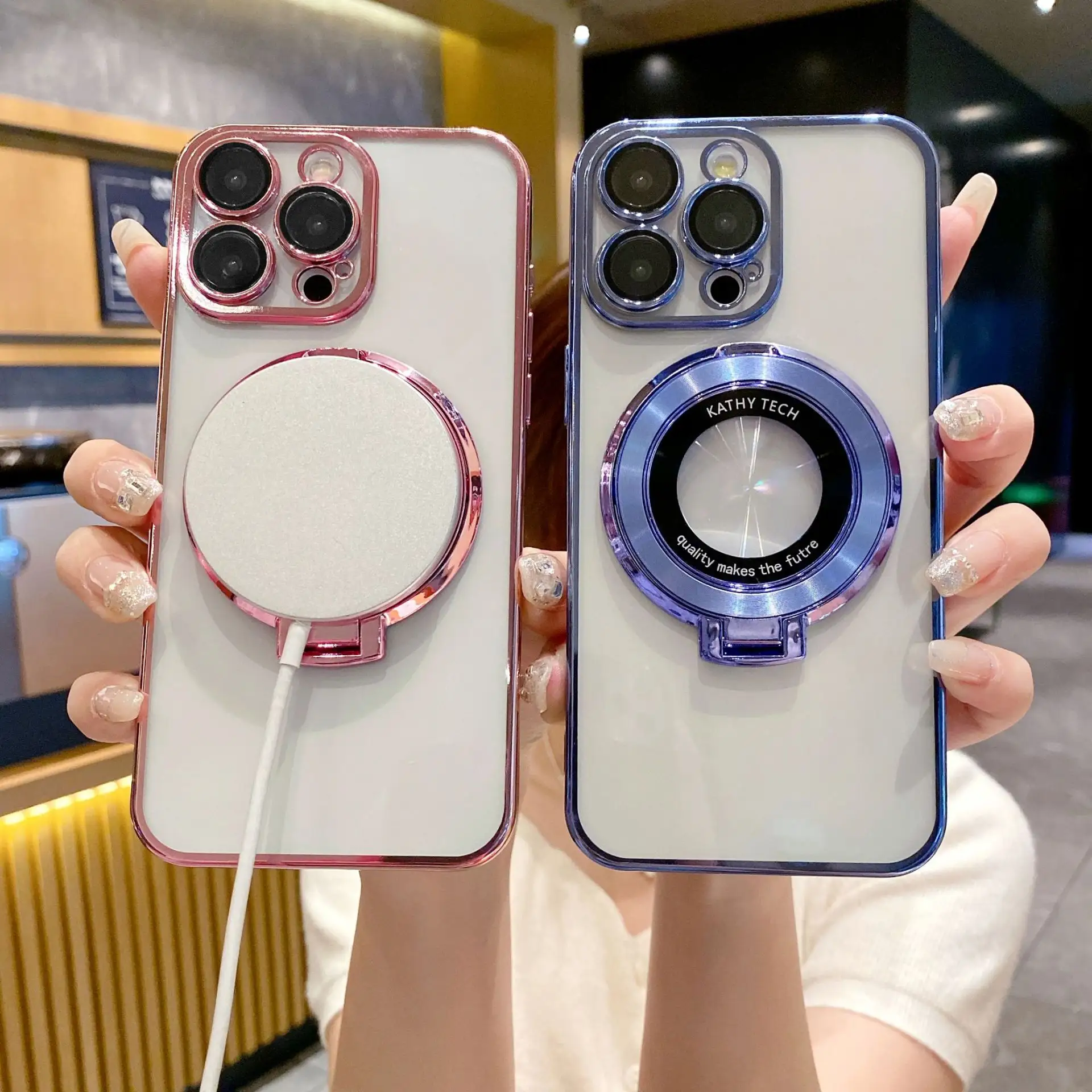For iPhone 15 Pro Max Luxury Magnetic Plating Frame Stand Phone Case For iPhone 11 12 13 14 Plus Lens Protective Cover