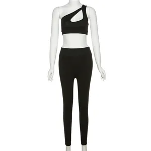 Été <span class=keywords><strong>2022</strong></span>-Top moulant à épaules inclinées et pantalon de sport taille haute-Pantalon sexy 2 pièces-Ensemble pour femmes - Product Image 6