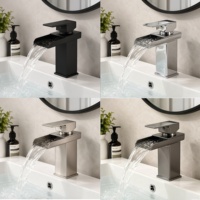Keran wastafel modern satu lubang, model persegi, stainless steel, tanpa sentuh, lapisan krom, tipe waterfall, dengan inti keramik dan satu gagang.