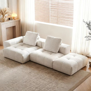 โซฟาโมดูลาร์ทรงตัวแอลผ้ากำมะหยี่สีเบจสำหรับห้องนั่งเล่น - Product Image 1