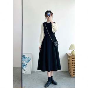 Otoño francés nuevo diseño retro mujer manga larga vestido sólido Delgado falsificar dos piezas moda dama cuello alto A-line vestido - Product Image 6