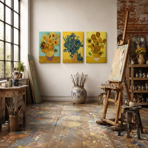 <span class=keywords><strong>Triptyque</strong></span> mural Tournesols et Iris, reproduction sur toile, <span class=keywords><strong>peinture</strong></span> florale post-impressionniste, décoration artistique célèbre - Product Image 1