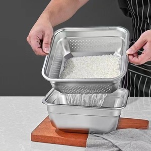 Stainless Steel Square Drain Basket Set Perforated Vegetable Washing Basin Kitchen Colander Strainer 201 Steel - Product Image 2