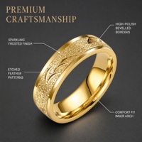 Vergoldeter Edelstahlring mit geprägtem Federmuster, breiter Bandring, mikropavé-Textur, Schmuck im Großhandel