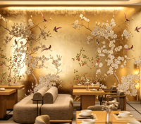 Papier peint SUNGPU Chinoiserie de luxe, papier peint peint à la main avec feuille d'or, papier peint personnalisé à motif floral de magnolia et d'oiseaux pour hôtel, villa, décoration intérieure