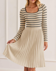 Vestido Midi de Punto a Rayas de Manga Larga para Mujer, Cuello Cuadrado, Línea A, Plisado, Informal, para Diario, Fiesta, Primavera y Otoño - Product Image 6