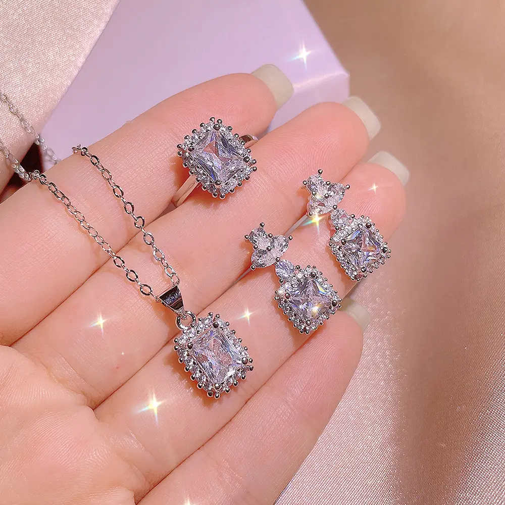 Tiktok لايف الأميرة مربع الماس رائعة مشرق الأزياء مايكرو مطعمة الزركون أقراط الطوق قلادة طقم مجوهرات للنساء