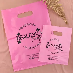 Custom Boutique Varejo Embalagem Rosa Reutilizável Carry Bag Die Cut Handle Plastic Shopping Bags com Logos