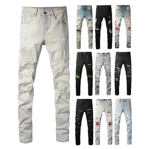 Jean droit pour homme style punk en denim délavé foncé, respirant, en coton/élasthanne, avec motif imprimé métallisé, taille mi-haute et fermeture boutonnée - Product Image 1