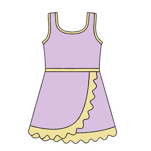 Robe pour petite fille GSD4138, style boutique, violette unie avec bordure jaune, sans manches, style athlétique, à volants. - Product Image 1