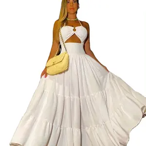 Summer New Long-style Sexy V-neck Waist Fashion Europe And The United States White Dress