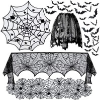 Ensemble de chemin de table et nappe en polyester noir à motif toile d'araignée en dentelle, style Halloween Europe Amérique, et draperie de cheminée, en stock