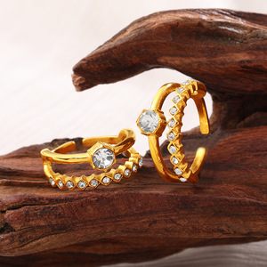 Anillo de Cóctel de Acero Inoxidable Chapado en Oro con Incrustaciones de Diamantes de Imitación, Diseño Geométrico, Joyería de Fiesta para Mujer - Product Image 2