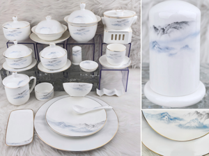ชุดอาหารค่ำทำจากเซรามิกเนื้อละเอียดคุณภาพสูง ลายภูเขาเมฆหมึกจีน พร้อมขอบทองคำแท้ สำหรับใช้ในโรงแรม งานเลี้ยง และที่บ้าน - Product Image 2
