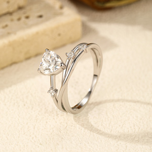 Bague double en argent S925 avec moissanite taille cœur, plaquée argent, empilable, pour femme, bijou de fiançailles délicat - Product Image 3