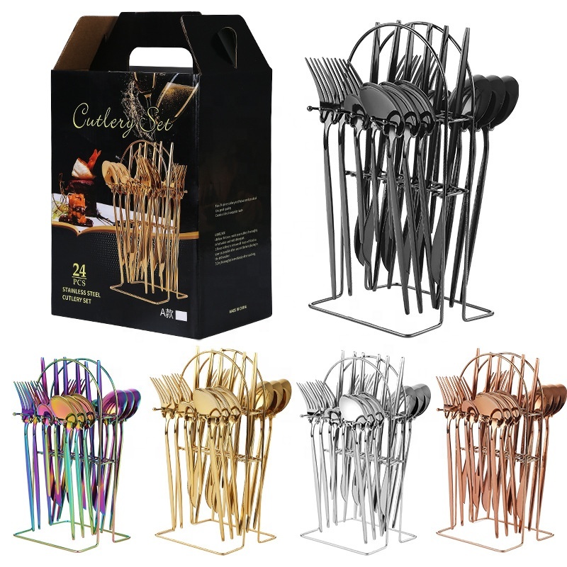 # 24-Piece Stainless Steel Gold Cutlery Set – Mirror Finish Colorful Knife, Fork & Spoon Dinnerware Set - View 2