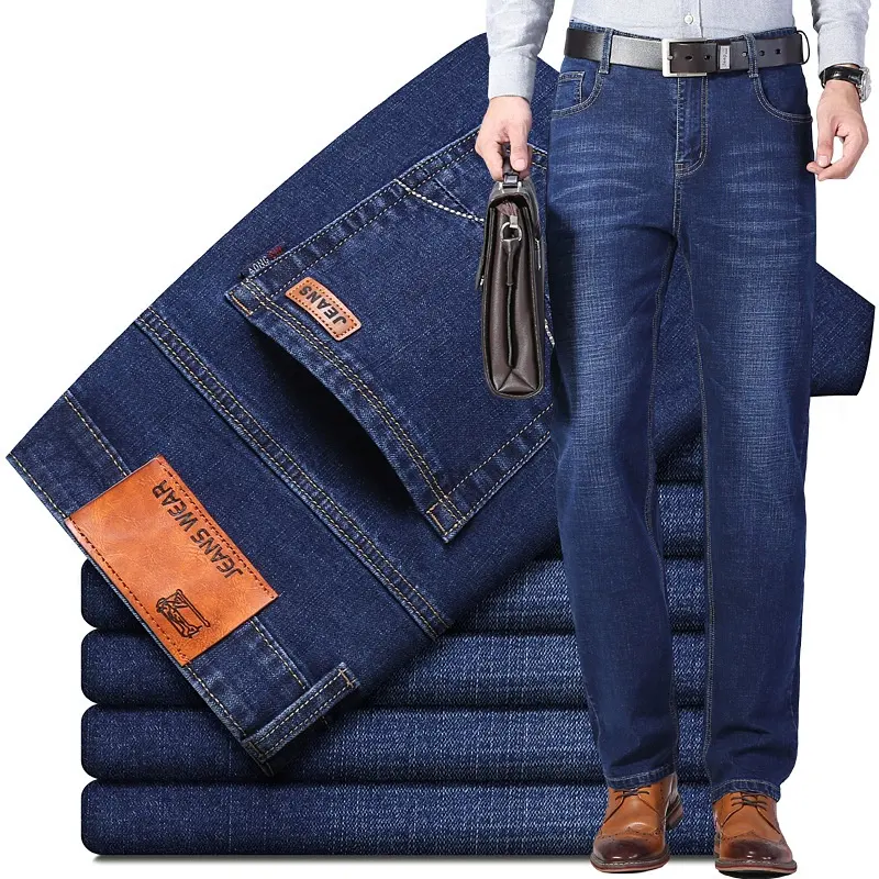 Hot Sale Classic Jeans Business Men Cotton Elastic Straight Blue Regular Slim Fit Stretched Denim Jean Pant