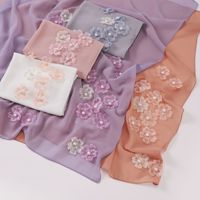 Foulard Carré en Chiffon Pur 90cm, Écharpe Musulmane Florale avec Perles, Châle Bawal pour Femme Musulmane