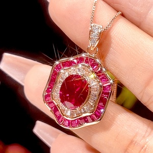 Wholesale Eco-friendly Copper Rose Gold Plated 6*8MM Red Zircon <b>Bridal</b> Pendant Earrings Jewelry Set for Wedding - Product Image 5