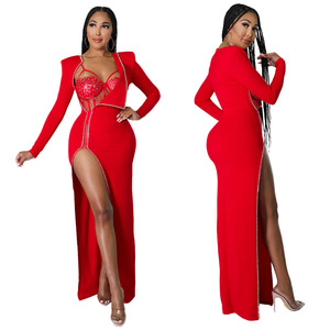 Sexy haute fendue robes de soirée femmes longue fête formelle body ensemble robes de <span class=keywords><strong>Cocktail</strong></span> formelle élégante strass noir Maxi robe - Product Image 2