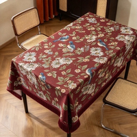Nappe Jacquard Monet en Gros d'Usine, Nappe Rectangulaire Beige à Motifs Floraux et Oiseaux avec Pompons, Personnalisation OEM Disponible