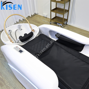 Estación de trabajo para el cuidado del cabello con reclinación cómoda, lavabo de cerámica integrado, sillón tapizado con espuma gruesa y soporte extensible para las piernas - Product Image 4