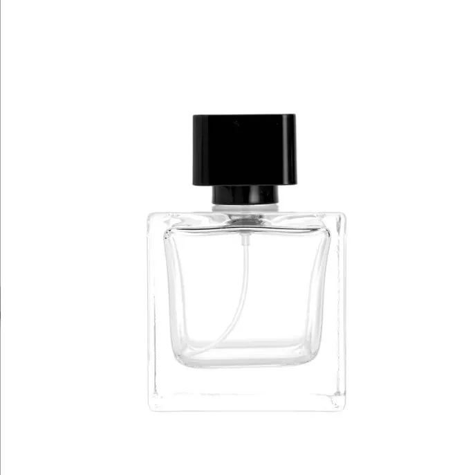 50ml 100ml स्टॉक वर्ग भारी समेटना गर्दन स्पष्ट इत्र की शीशी parfum बोतल के साथ काले स्प्रेयर के साथ काले वर्ग टोपी