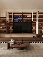 Meuble TV moderne sur mesure, console TV en bois blanc et noyer avec rangement intégré et éclairage LED