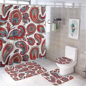 Juego <span class=keywords><strong>de</strong></span> baño <span class=keywords><strong>de</strong></span> cuatro piezas, estilo bohemio vintage con estampado paisley, cortina <span class=keywords><strong>de</strong></span> ducha <span class=keywords><strong>de</strong></span> poliéster, tapete para el piso y funda para el asiento del inodoro - Product Image 1