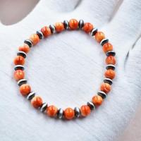 Pulsera Elástica Vintage Hecha a Mano con Perlas de Acero Inoxidable y Turquesa de Ostra Espinosa Naranja, Sin Níquel, Sin Plomo, Unisex