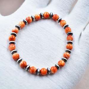 Handmade Sterling Silver Pearls & Orange Spiny Oyster Turquoise Stretch <b>Bracelet</b> Stylish Jewelry <b>Men</b> Women Unisex - Product Image 3