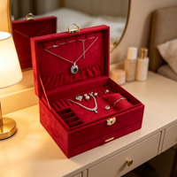 Grande boîte à bijoux carrée de luxe en velours avec serrure, étui de rangement multi-niveaux pour collier, bague, boucles d'oreilles, bracelet