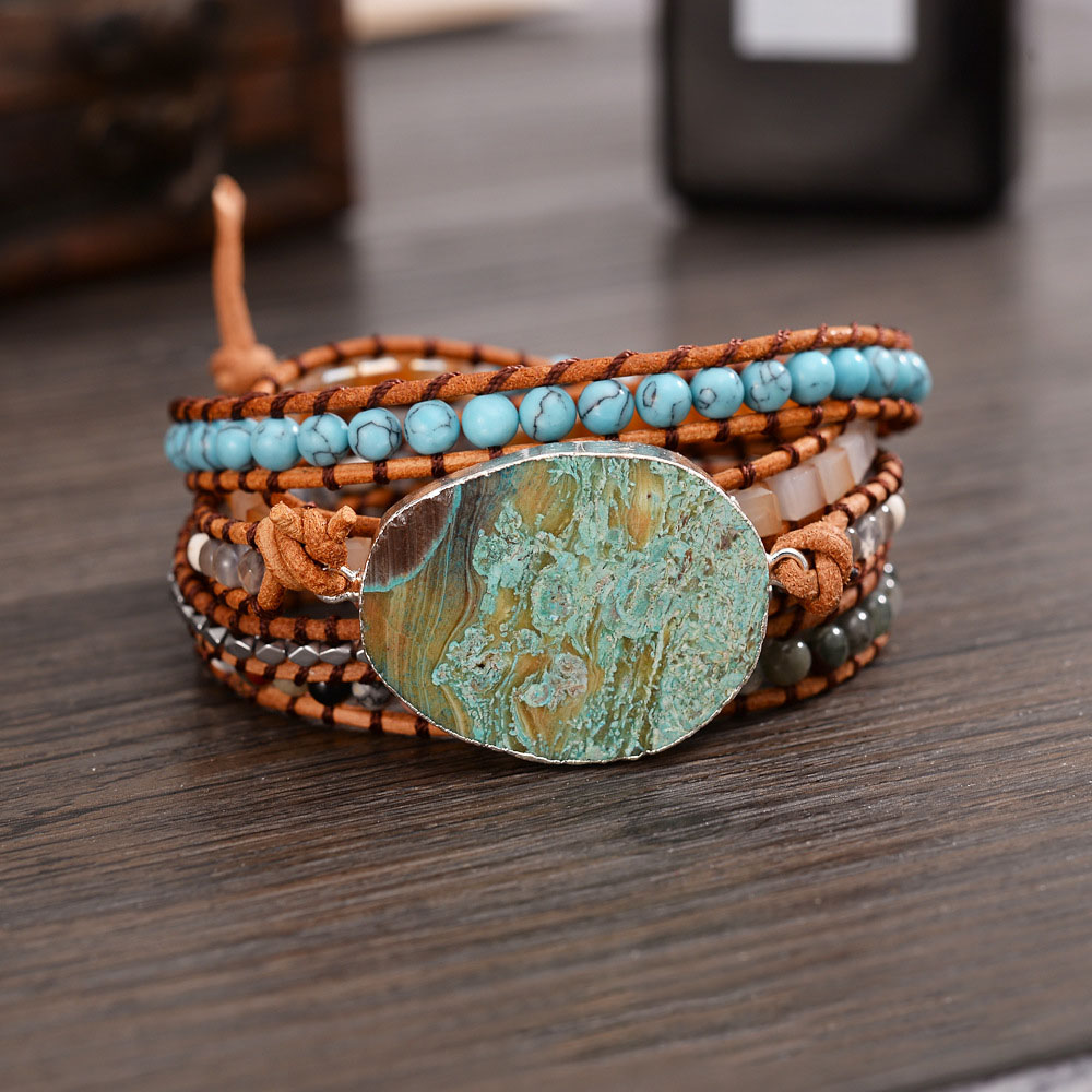 Boho Регулируемый Многослойные ручной работы плетеный морской осадок, бусы из натурального камня, кожаные веревки 5 слоев обруч браслет