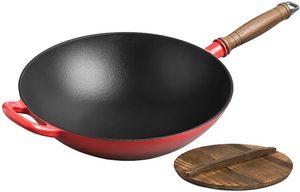 Wok de hierro fundido esmaltado de estilo chino, olla de hierro fundido con un mango de madera, tamaño grande <span class=keywords><strong>para</strong></span> el hogar, cocina, fábrica, buen precio - Product Image 3