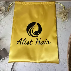 Wholesale Recyclable Custom Logo Printed Small Silk Drawstring Bags Brown Satin Pouch For Hair Packaging