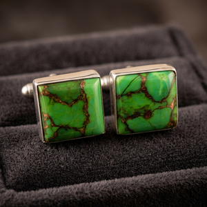 Gemstone de Cobre Turquesa y Plata de Ley 925 para Gemelos de Camisa, Gemelos Lisos y con Tachuelas, Joyería para Hombre - Product Image 4