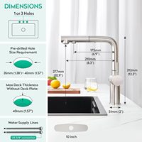Robinet de cuisine 3 voies avec douchette extractible, filtre à eau intégré, purificateur d'eau potable pour évier de bar, monotrou, monocommande