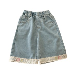 TongXingYuan Girls Denim Capri Pants Sky Blue <b>Elastic</b> Waist <b>Lace</b> Trim Loose Fit Summer Style - Product Image 5