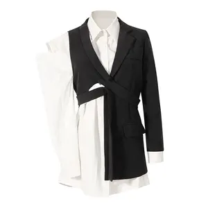 OUDINA New Female Black Suit Jacket With Vest Shirt Set Crop Top Blazer Lady Women Blazers