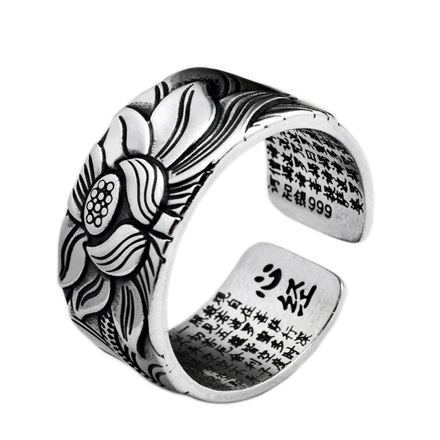 Adjustable S999 Sterling Silver Rings for Men Women New Fashion Lotus Heart Mantra Classic Jewelry Wholesale