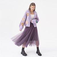Fournisseur en gros de cardigans en tricot pour femmes, à ouverture devant, épais, brodés à la main, à fleurs, colorés, décontractés