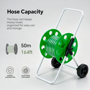 Enrouleur de tuyau d'arrosage HOMFUL <span class=keywords><strong>50m</strong></span> <span class=keywords><strong>sur</strong></span> chariot à roues en PP, cadre blanc thermolaqué, enrouleur manuel pour l'arrosage du jardin - Product Image 2