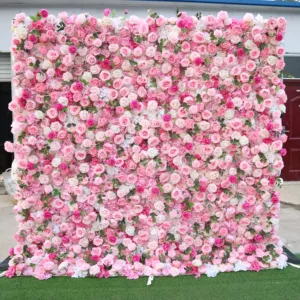 A-FW010 Kunstfarbene rosa Blume Wandpaneel Kulisse Wandblumen 8 Fuß × 8 Fuß aufrollbare Rose Blumenwand für Hochzeitsdekoration